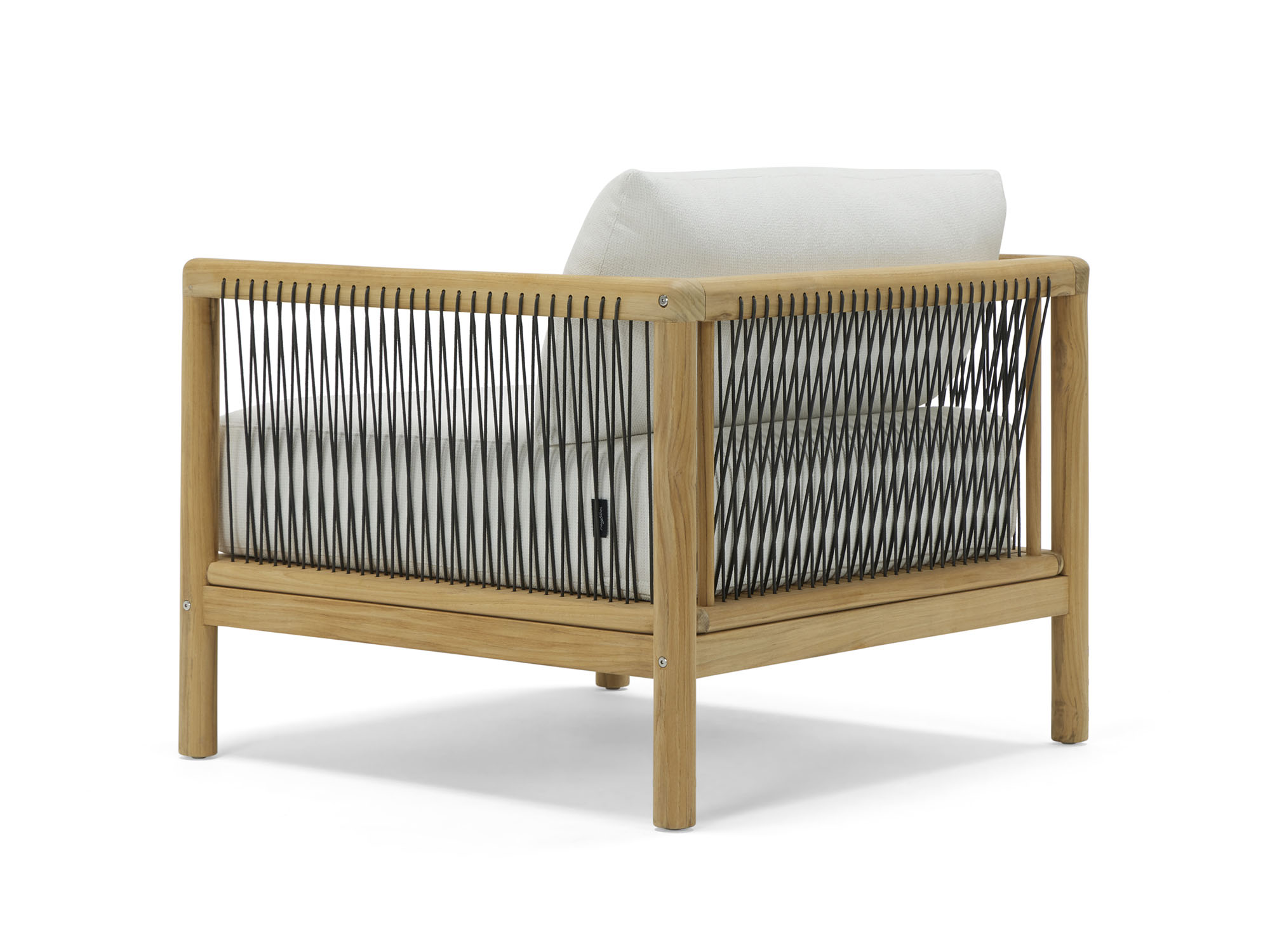 Back angle view of outdoor chair with white cushions